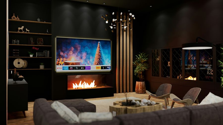 Living room home theater with backlit TV and fireplace